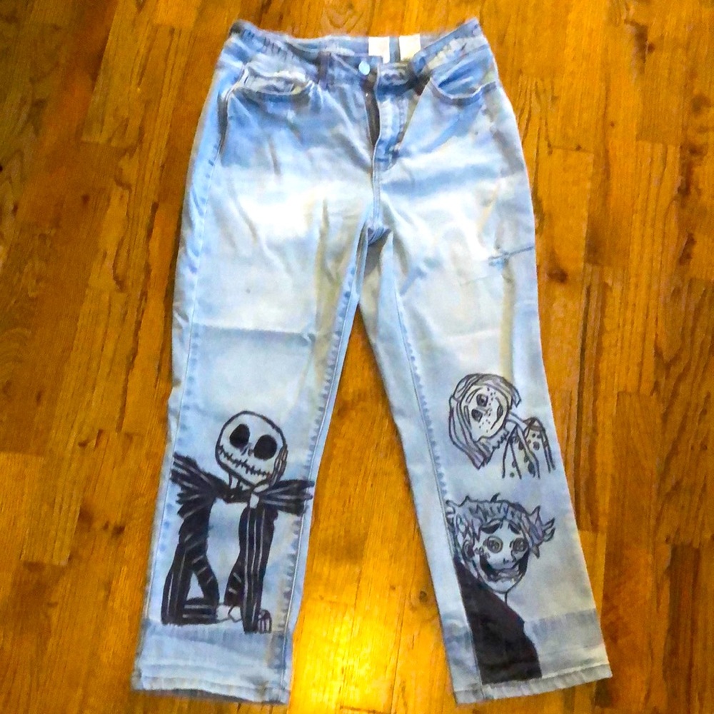 Size 4 high rise jeans. Designs drawn by me. Form fitting